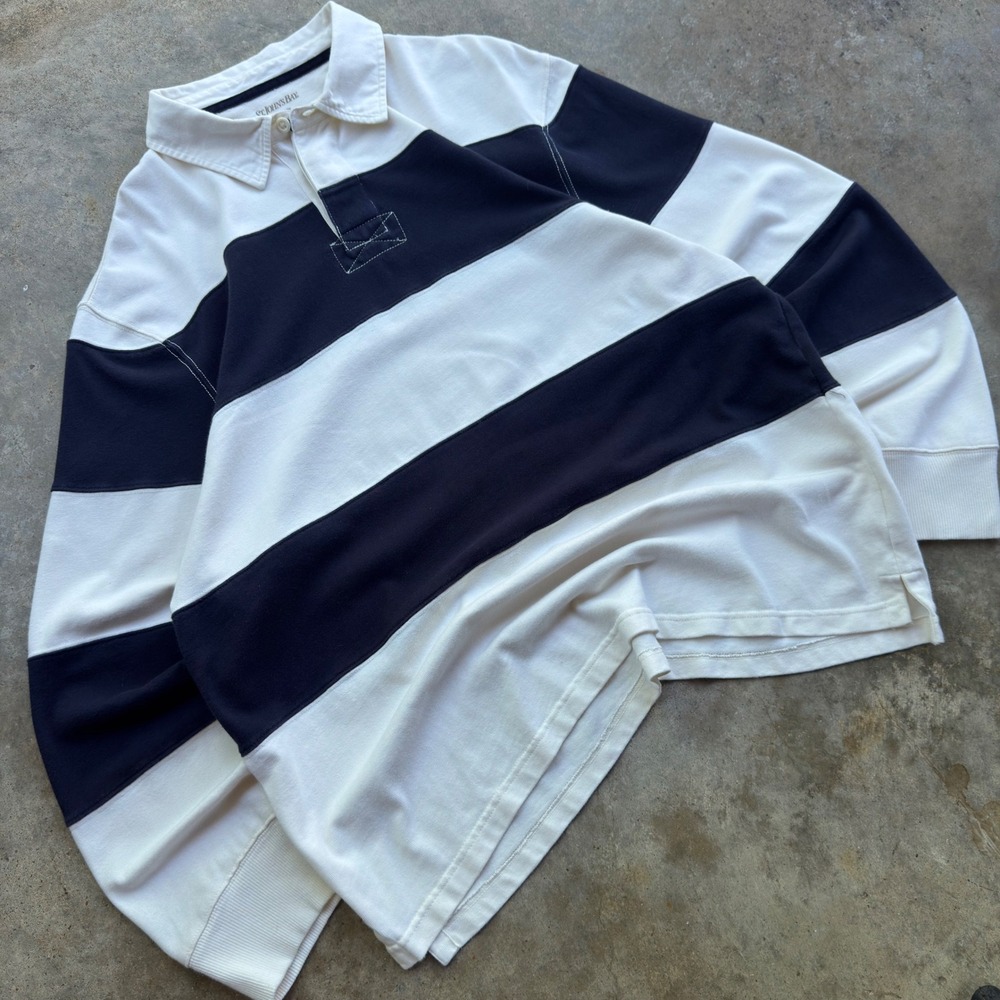 Vintage Y2K St. Johns Bay Rugby Shirt Striped Polo Navy White XL (G6B)